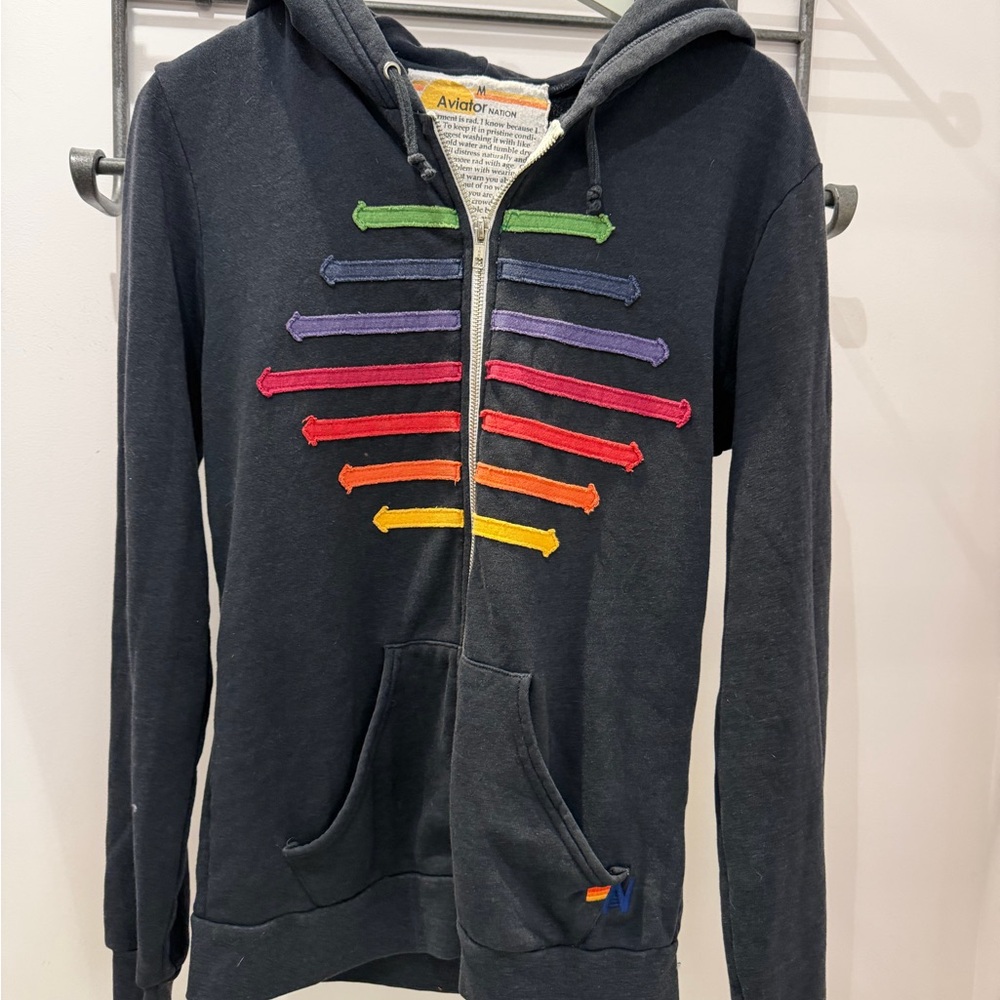 Aviator Nation Black Zip Hoodie with Rainbow Stripe Appliqué